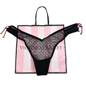 Victoria's‎ Secret High-Leg Thong Panty L Black Polka Dot Mesh Red Ribbon Bells